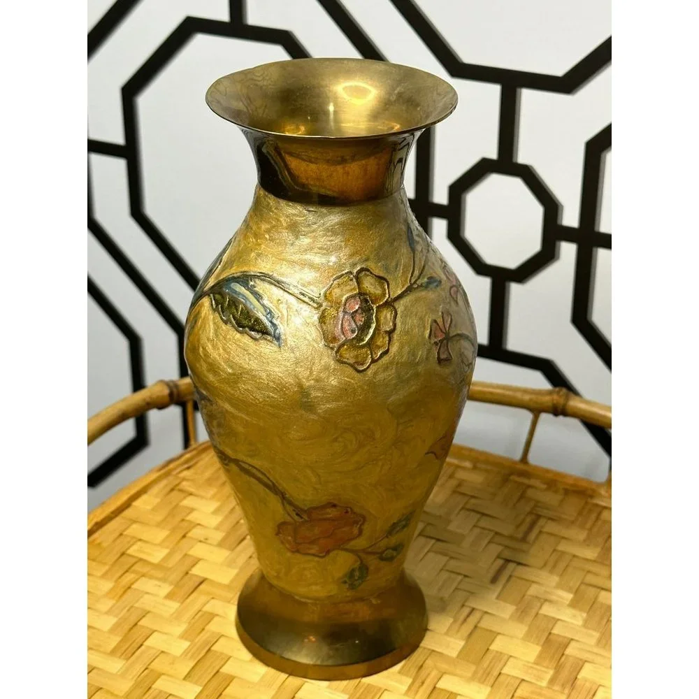 Vintage Gold Brass Vase With Enamel Flowers - BOHO Decor - Shelf Decoration - Picture 6 of 7